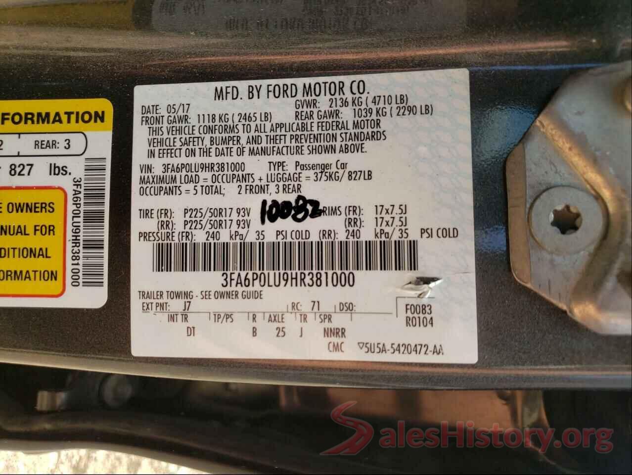 3FA6P0LU9HR381000 2017 FORD FUSION