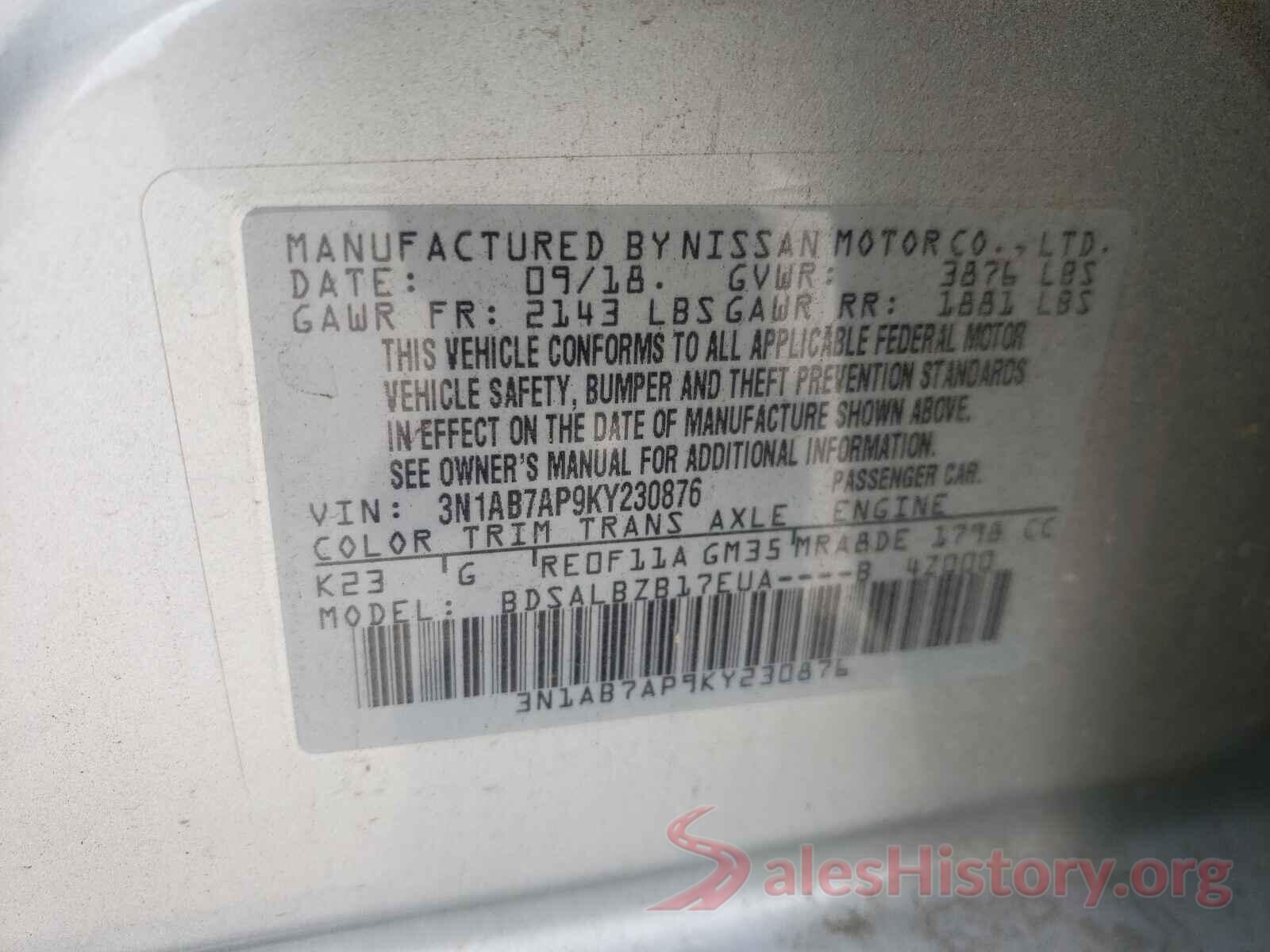 3N1AB7AP9KY230876 2019 NISSAN SENTRA