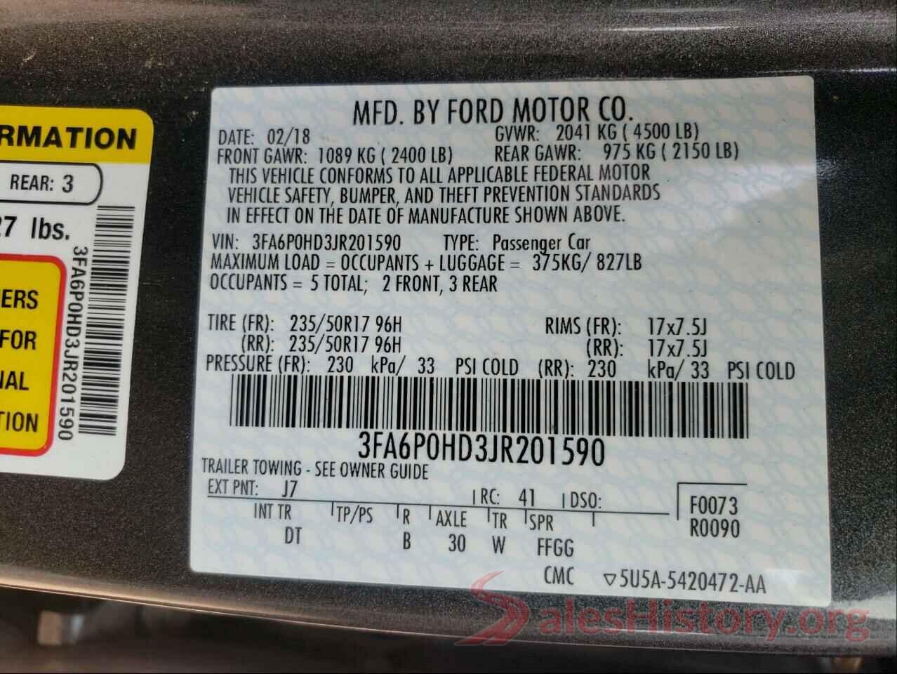 3FA6P0HD3JR201590 2018 FORD FUSION