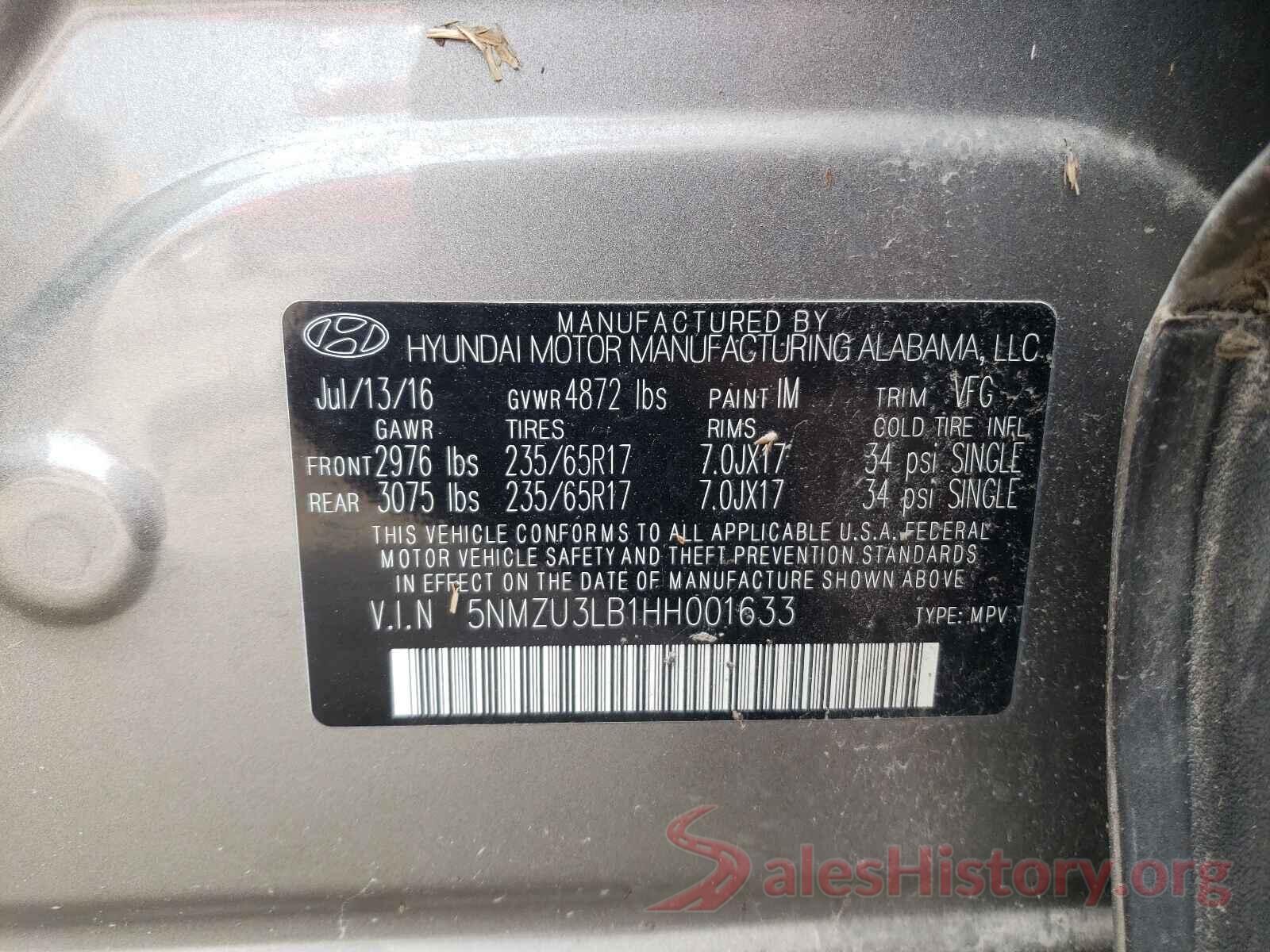 5NMZU3LB1HH001633 2017 HYUNDAI SANTA FE