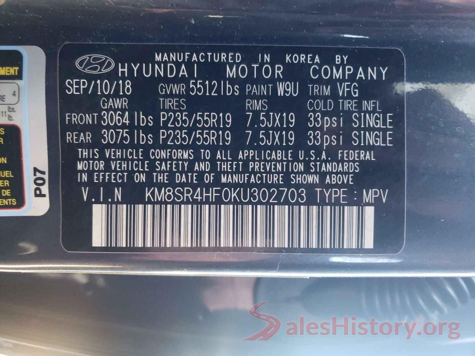 KM8SR4HF0KU302703 2019 HYUNDAI SANTA FE