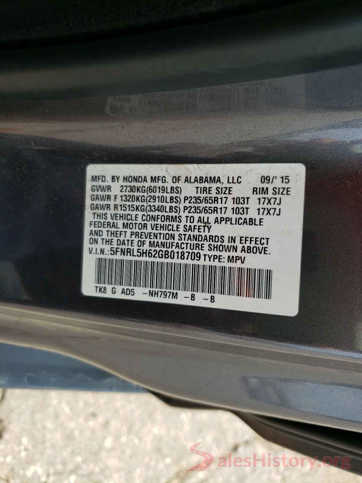 5FNRL5H62GB018709 2016 HONDA ODYSSEY