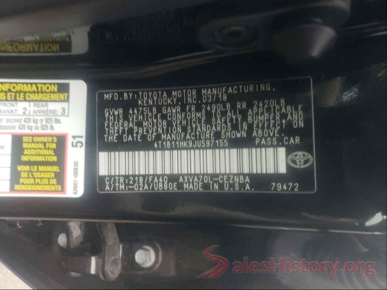 4T1B11HK9JU597155 2018 TOYOTA CAMRY