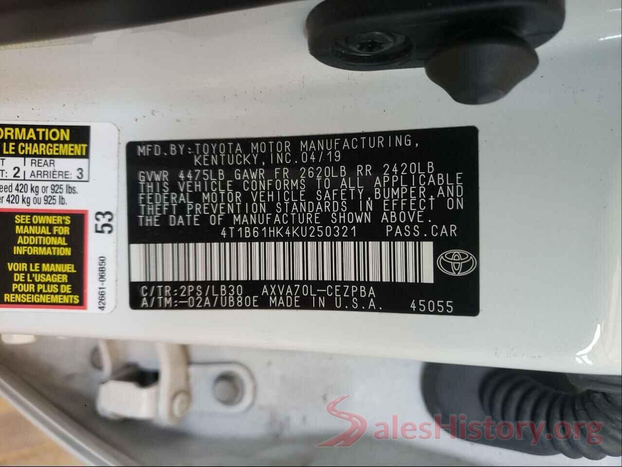 4T1B61HK4KU250321 2019 TOYOTA CAMRY