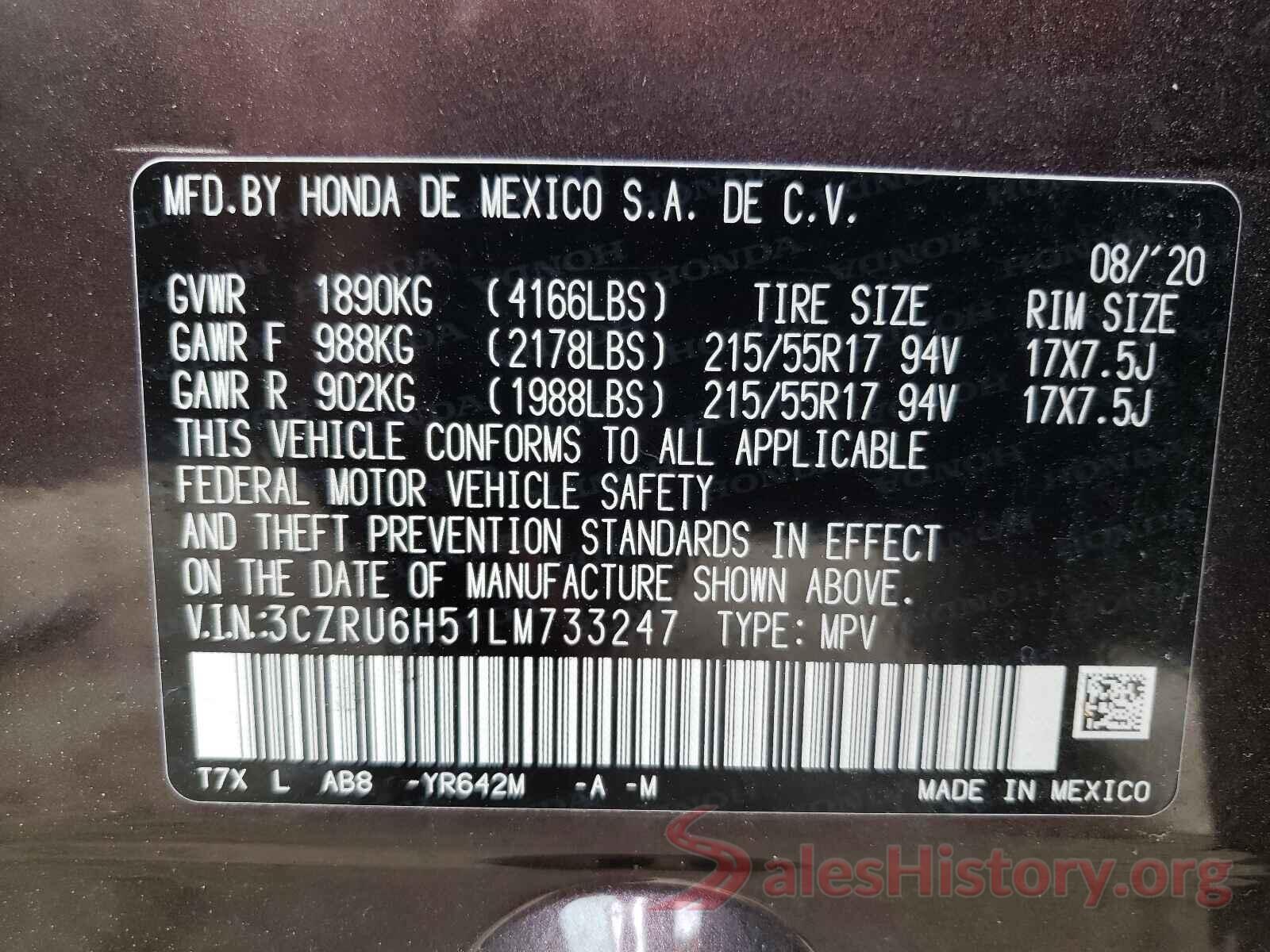 3CZRU6H51LM733247 2020 HONDA HR-V