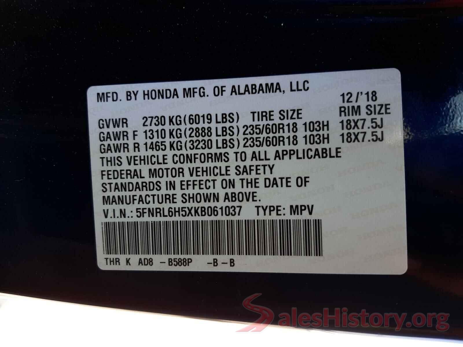 5FNRL6H5XKB061037 2019 HONDA ODYSSEY