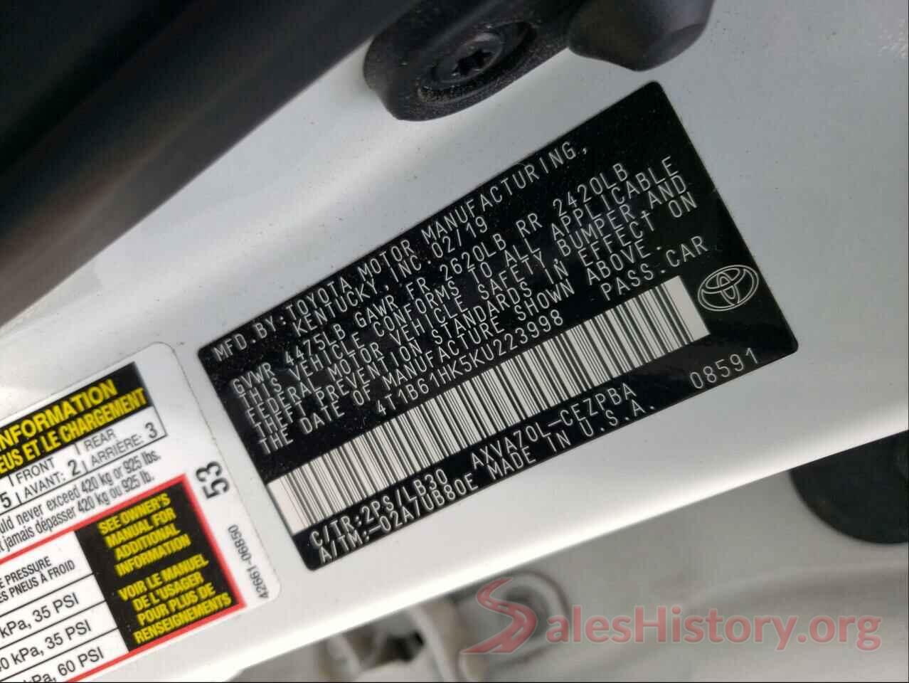 4T1B61HK5KU223998 2019 TOYOTA CAMRY