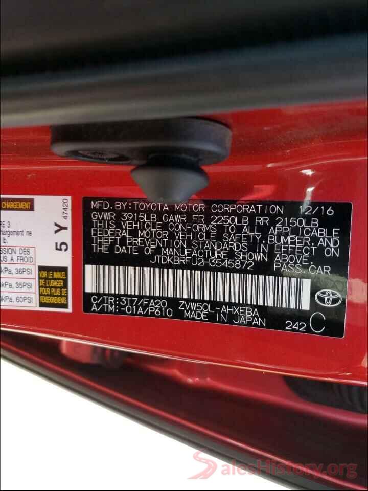 JTDKBRFU2H3545872 2017 TOYOTA PRIUS