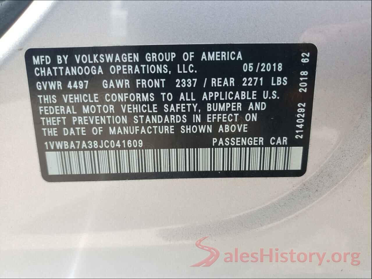 1VWBA7A38JC041609 2018 VOLKSWAGEN PASSAT