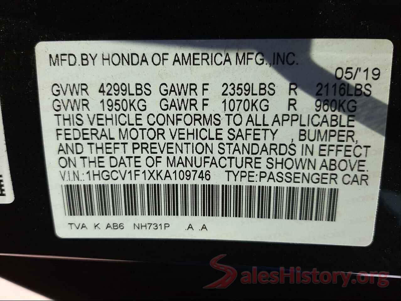 1HGCV1F1XKA109746 2019 HONDA ACCORD