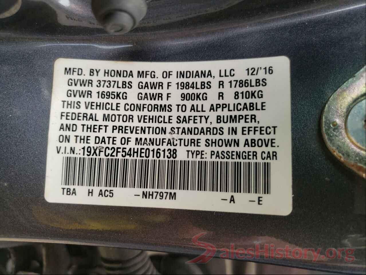 19XFC2F54HE016138 2017 HONDA CIVIC