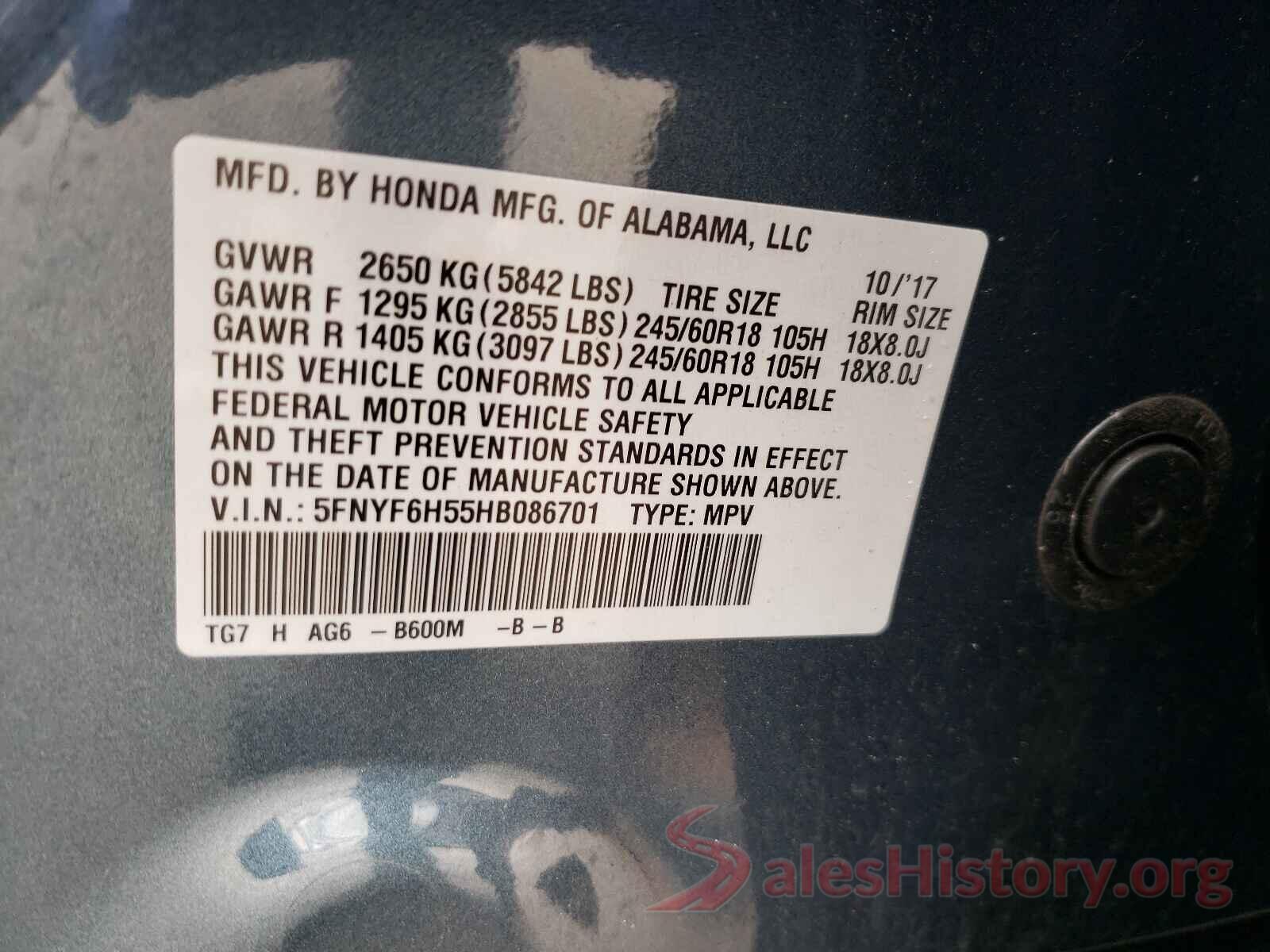 5FNYF6H55HB086701 2017 HONDA PILOT