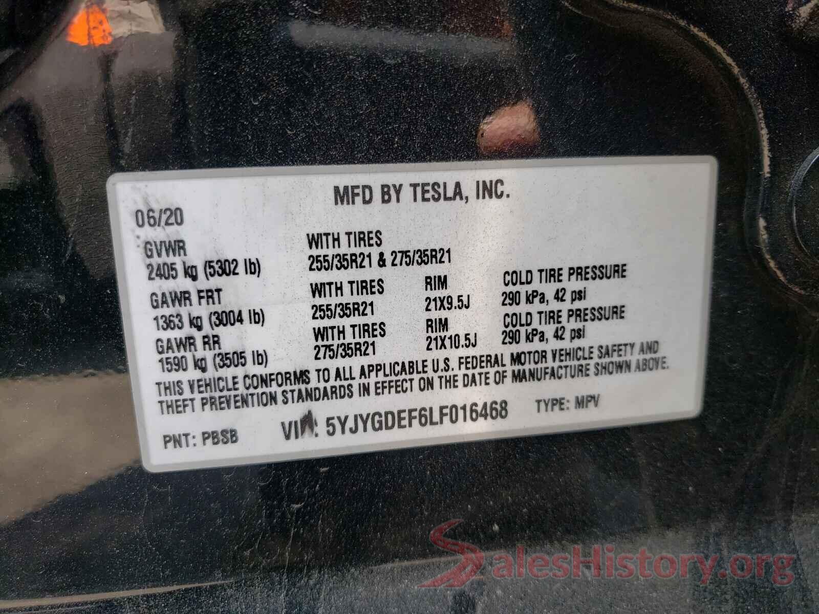 5YJYGDEF6LF016468 2020 TESLA MODEL Y