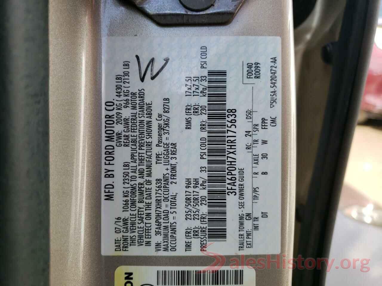 3FA6P0H7XHR175638 2017 FORD FUSION