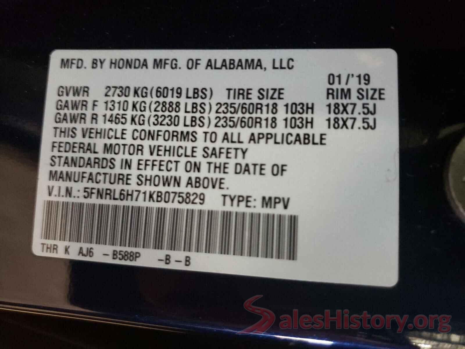 5FNRL6H71KB075829 2019 HONDA ODYSSEY