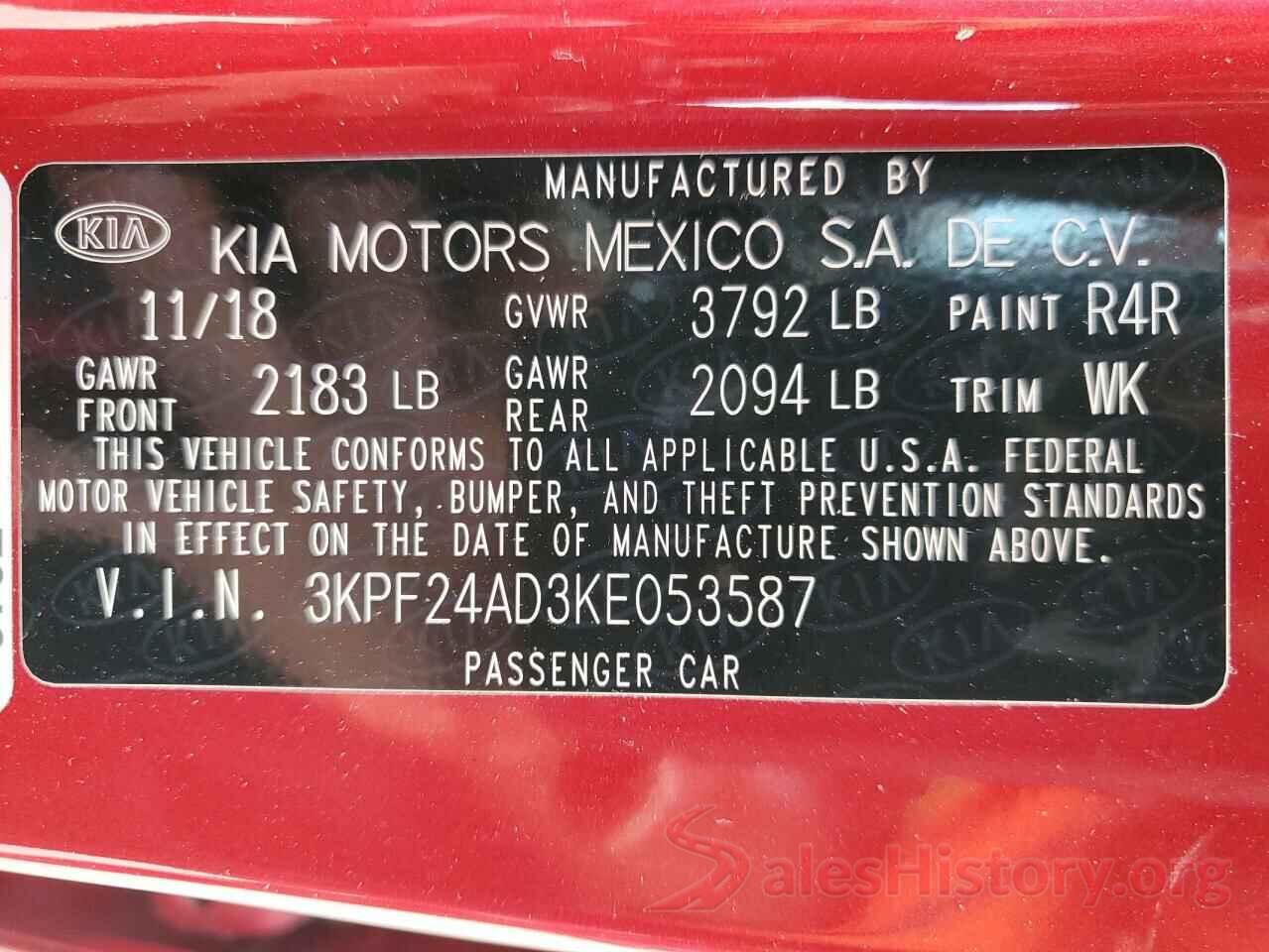 3KPF24AD3KE053587 2019 KIA FORTE