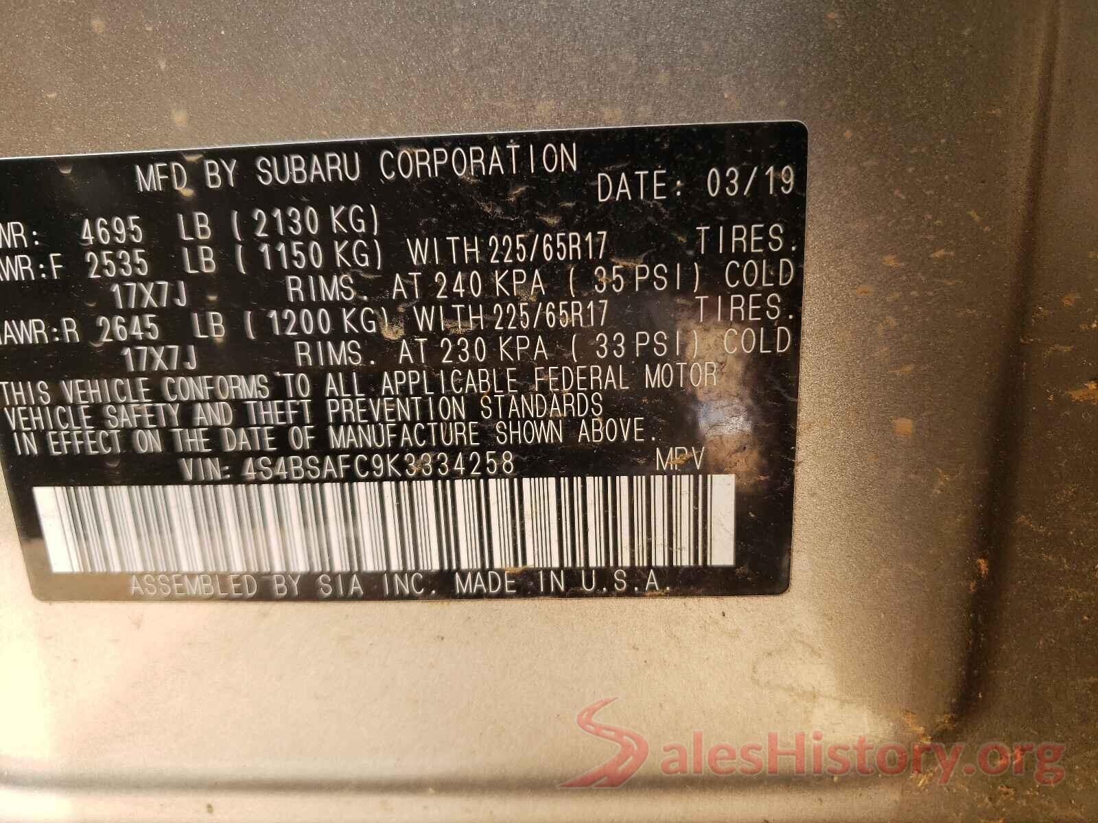 4S4BSAFC9K3334258 2019 SUBARU OUTBACK