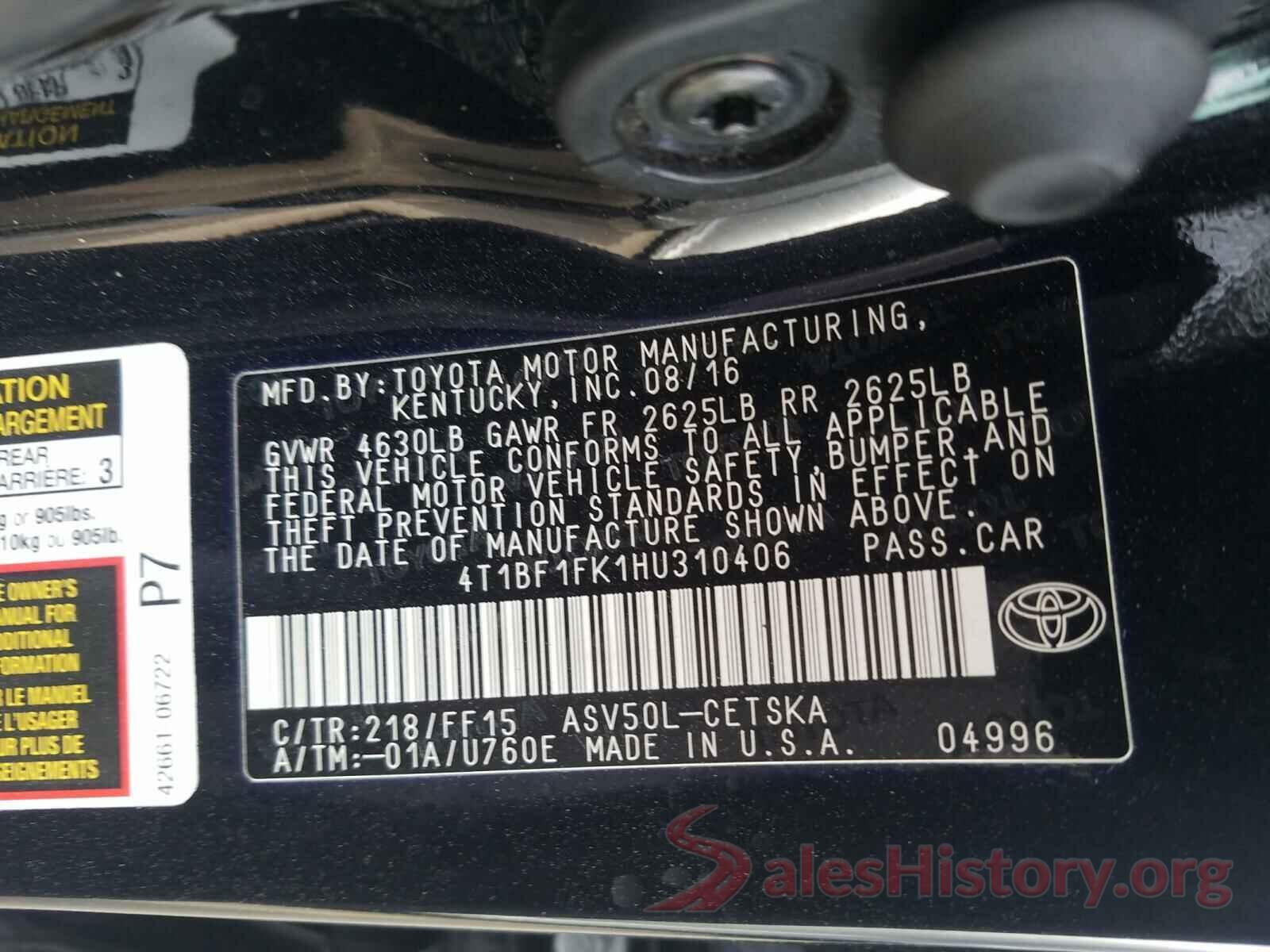 4T1BF1FK1HU310406 2017 TOYOTA CAMRY