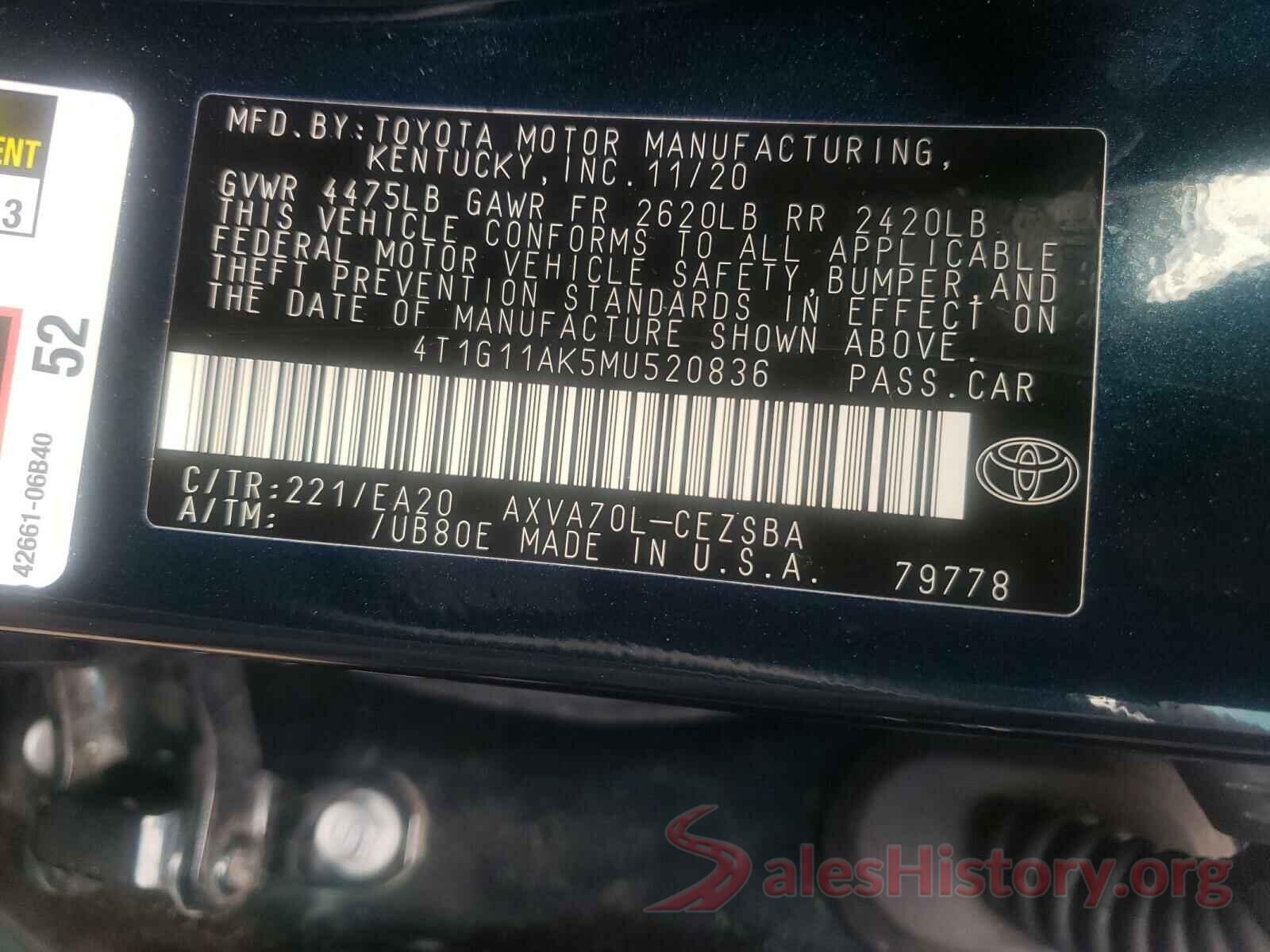 4T1G11AK5MU520836 2021 TOYOTA CAMRY