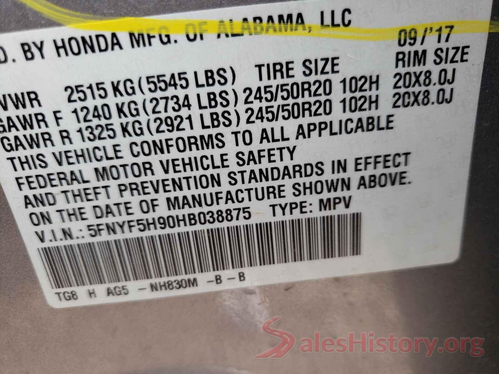 5FNYF5H90HB038875 2017 HONDA PILOT