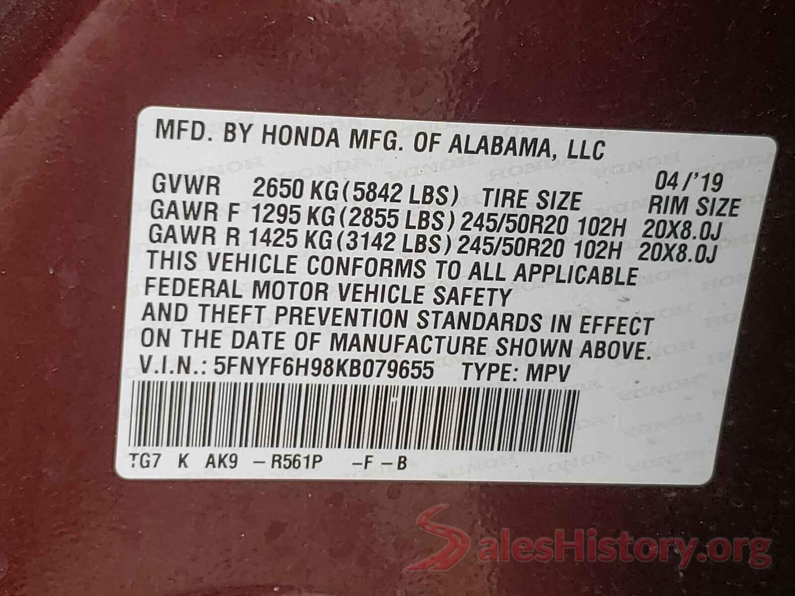 5FNYF6H98KB079655 2019 HONDA PILOT