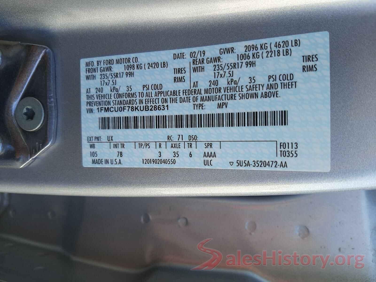 1FMCU0F78KUB28631 2019 FORD ESCAPE