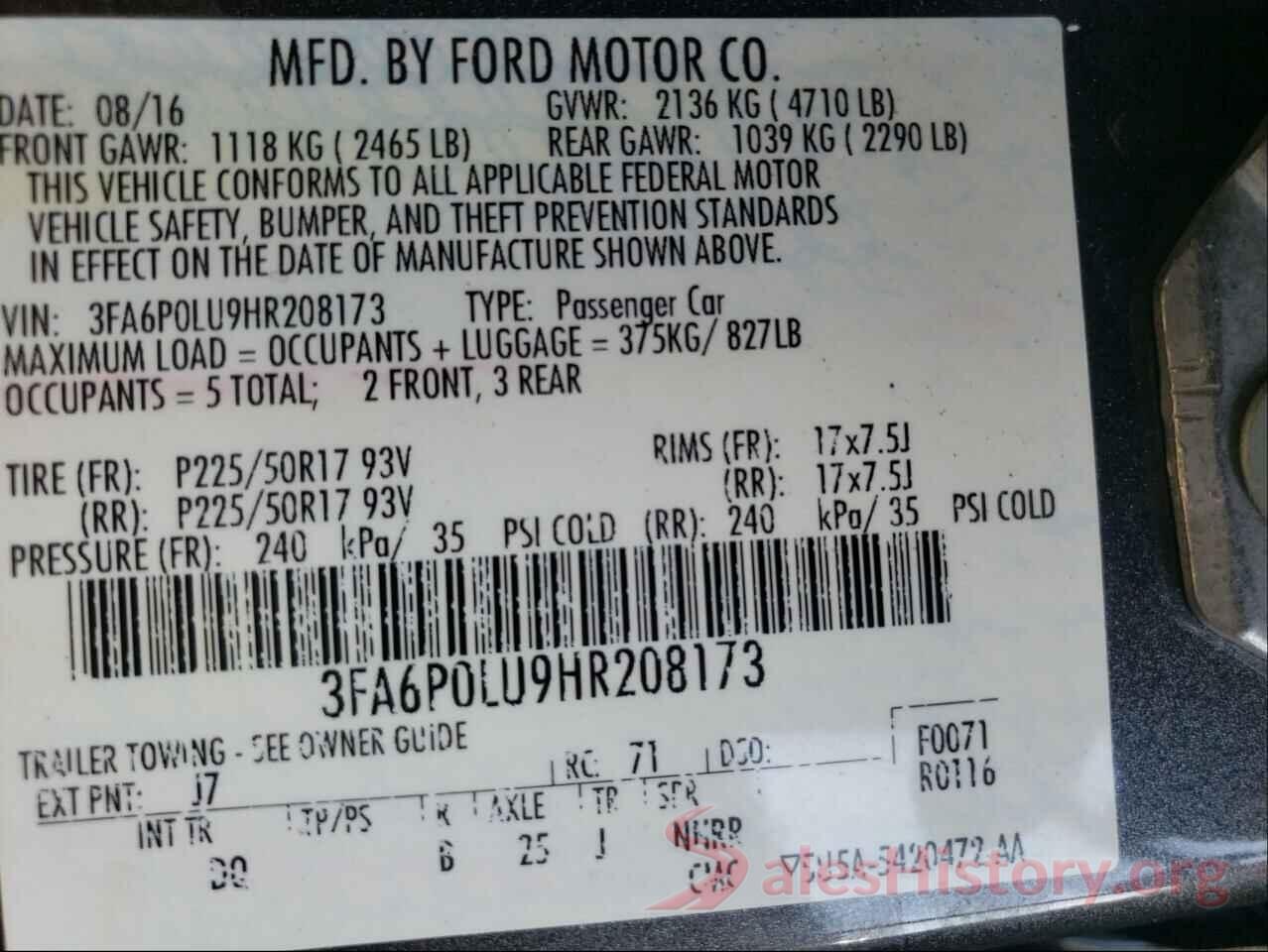 3FA6P0LU9HR208173 2017 FORD FUSION