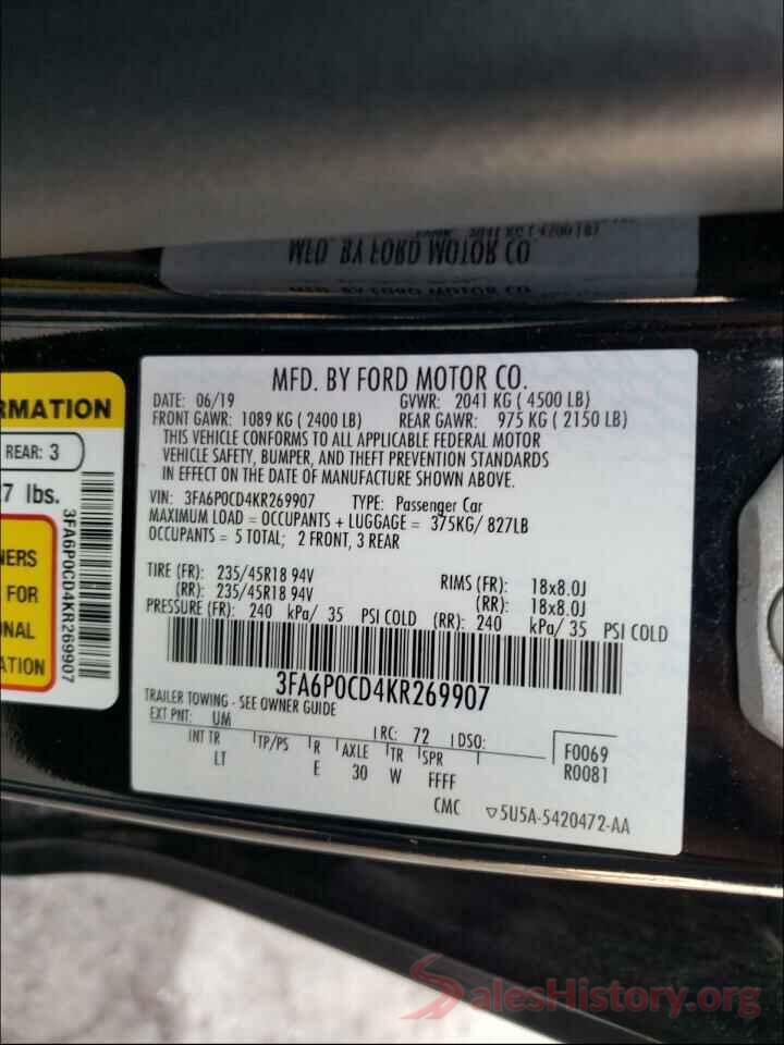 3FA6P0CD4KR269907 2019 FORD FUSION