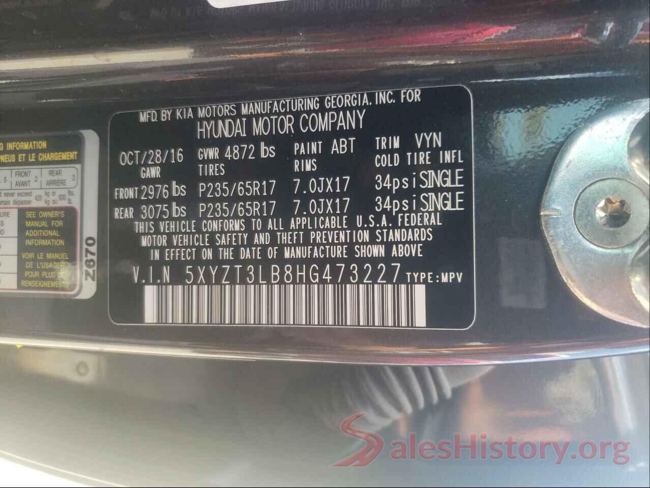 5XYZT3LB8HG473227 2017 HYUNDAI SANTA FE