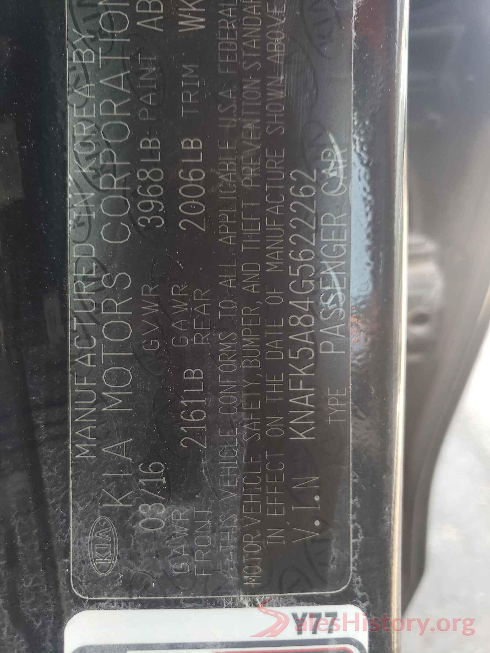 KNAFK5A84G5622262 2016 KIA FORTE