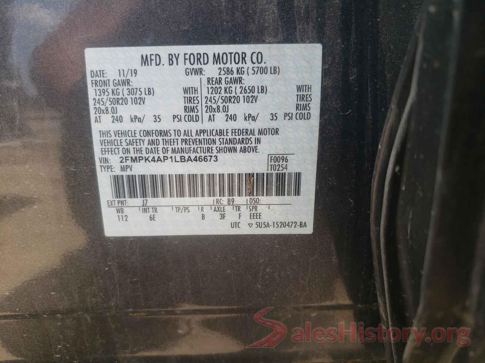 2FMPK4AP1LBA46673 2020 FORD EDGE