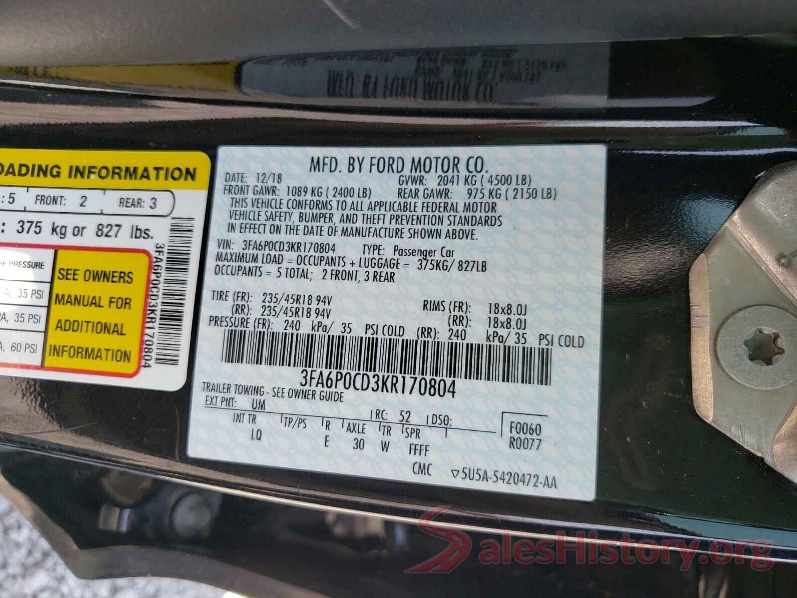 3FA6P0CD3KR170804 2019 FORD FUSION