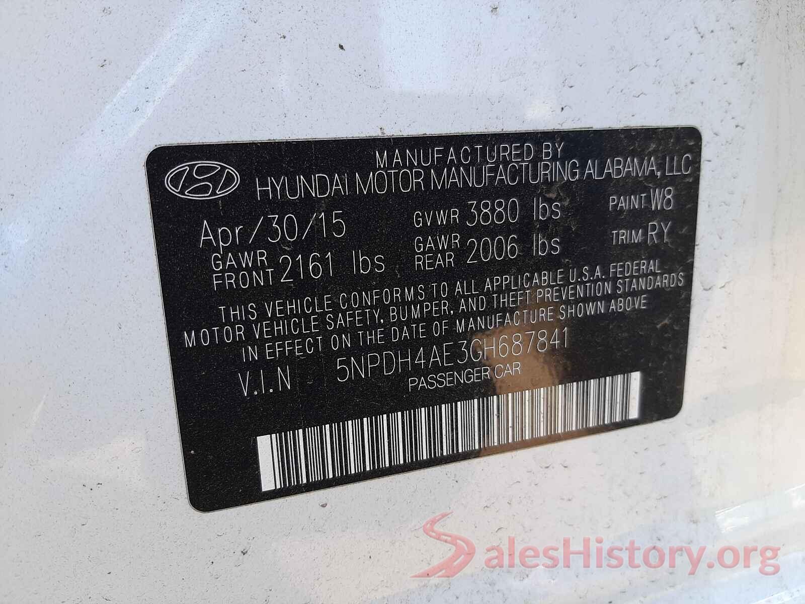 5NPDH4AE3GH687841 2016 HYUNDAI ELANTRA