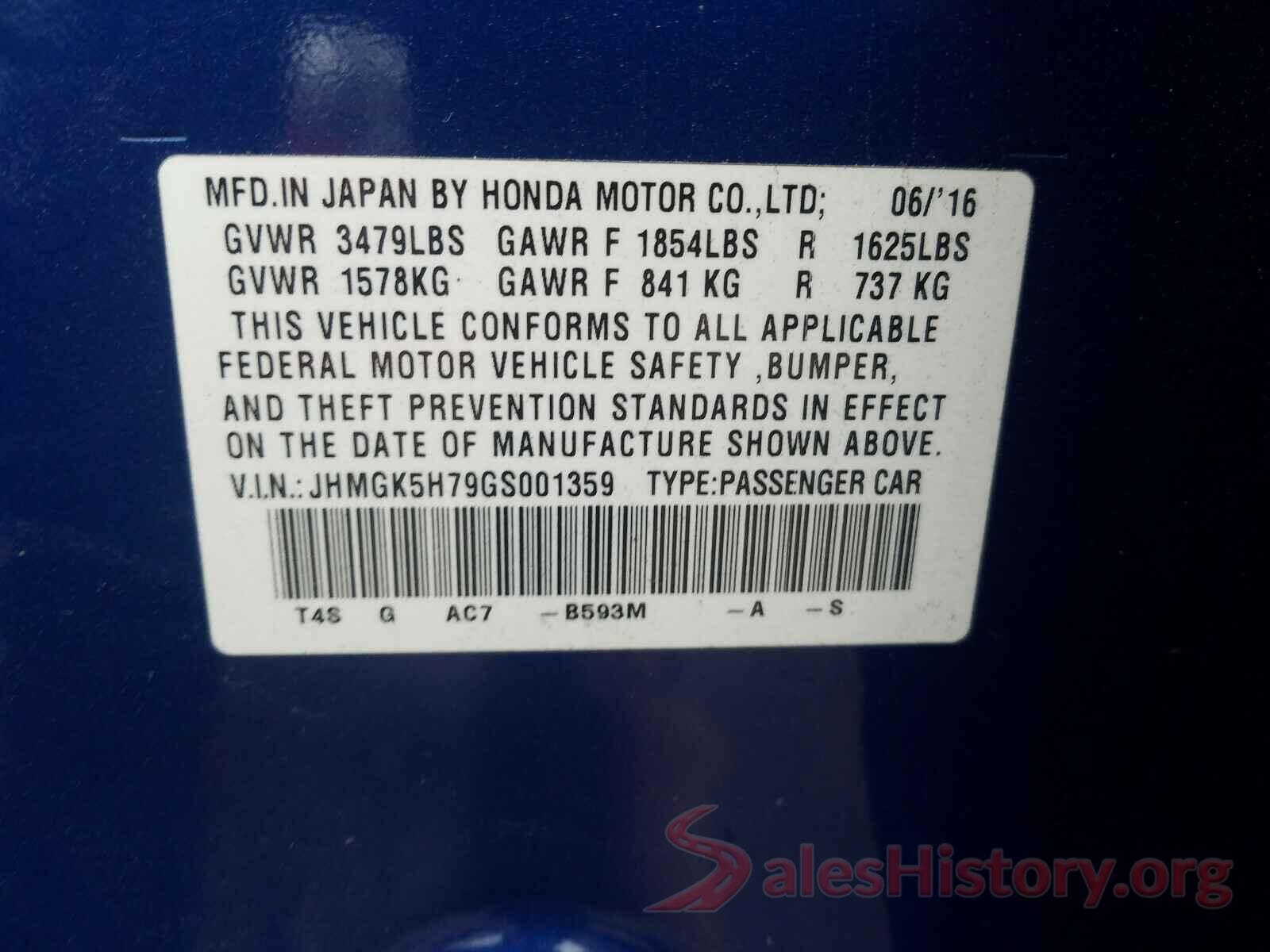 JHMGK5H79GS001359 2016 HONDA FIT