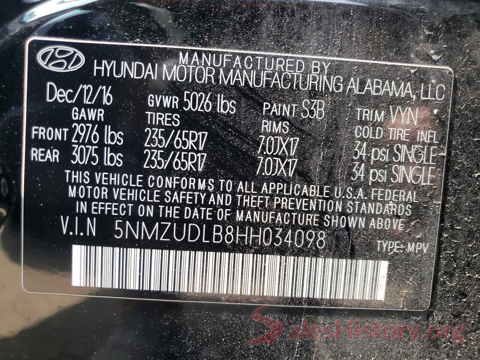 5NMZUDLB8HH034098 2017 HYUNDAI SANTA FE