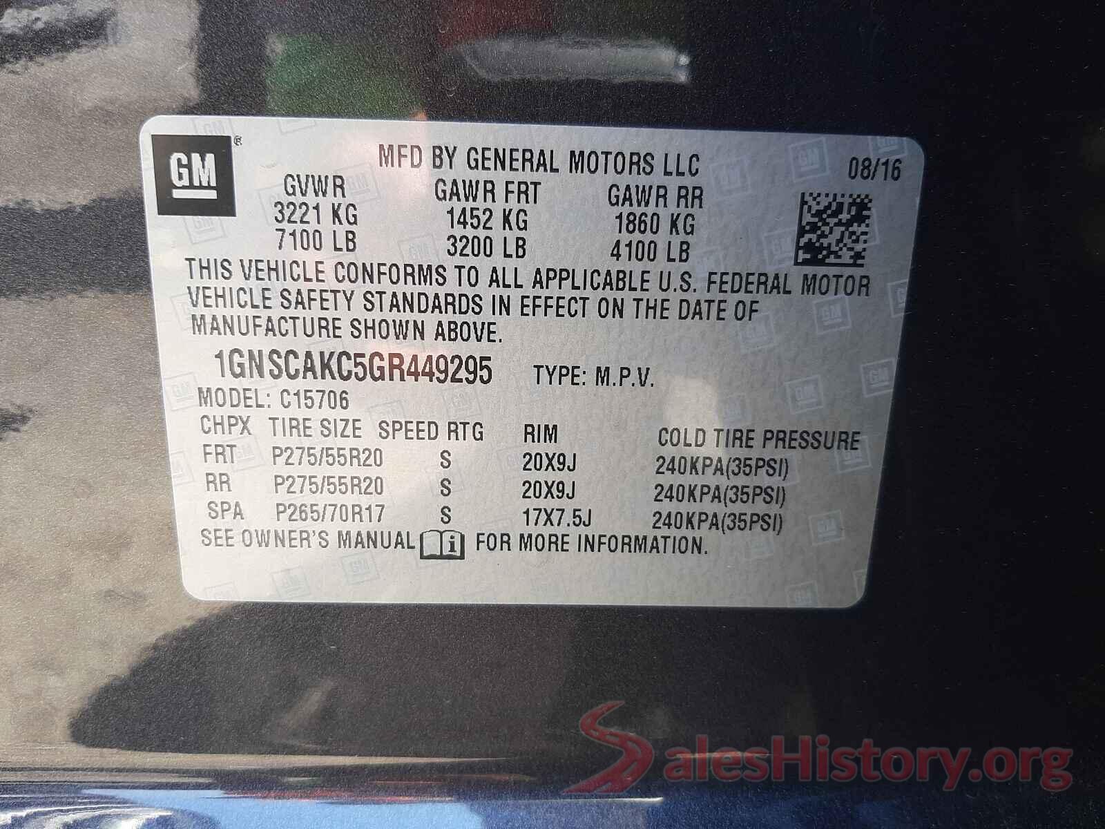 1GNSCAKC5GR449295 2016 CHEVROLET TAHOE