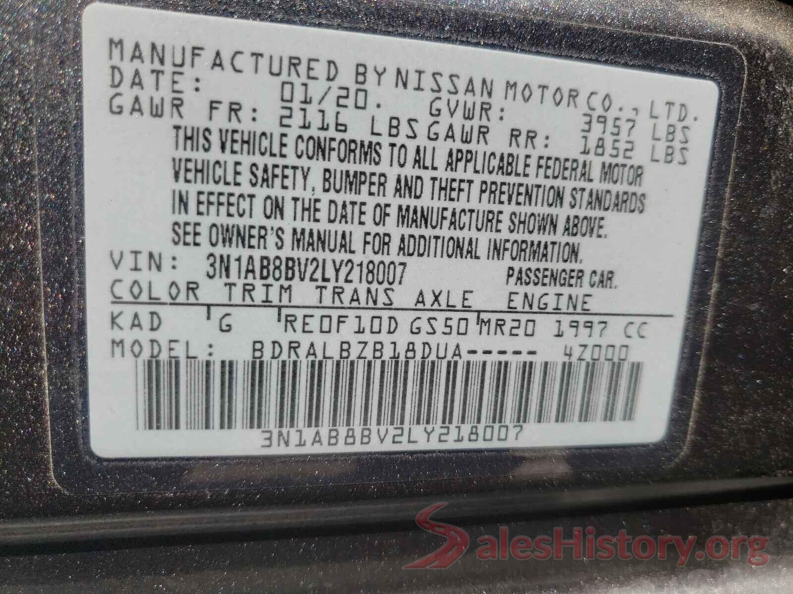 3N1AB8BV2LY218007 2020 NISSAN SENTRA