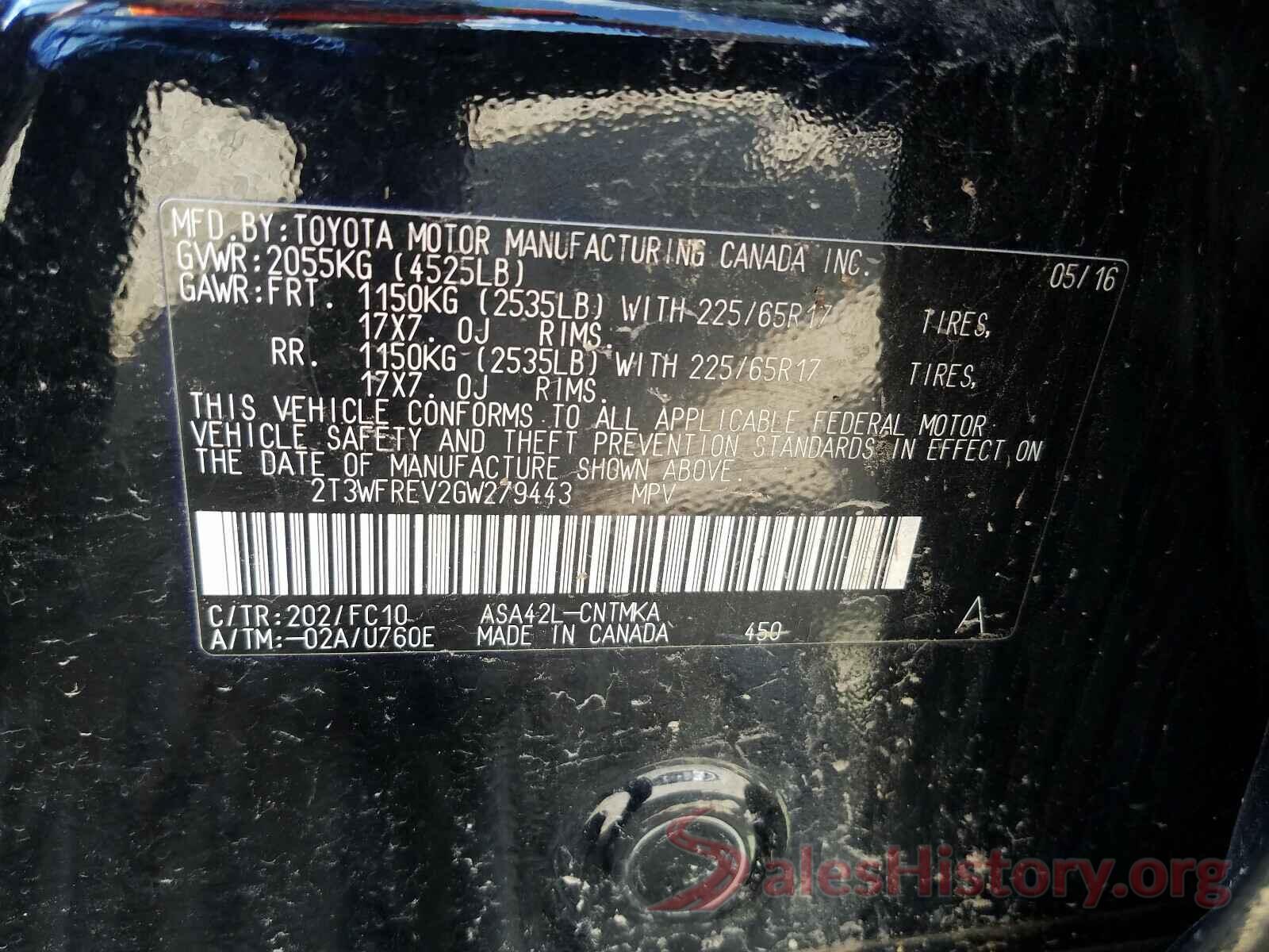 2T3WFREV2GW279443 2016 TOYOTA RAV4