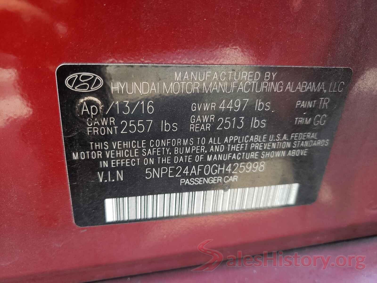 5NPE24AF0GH425998 2016 HYUNDAI SONATA