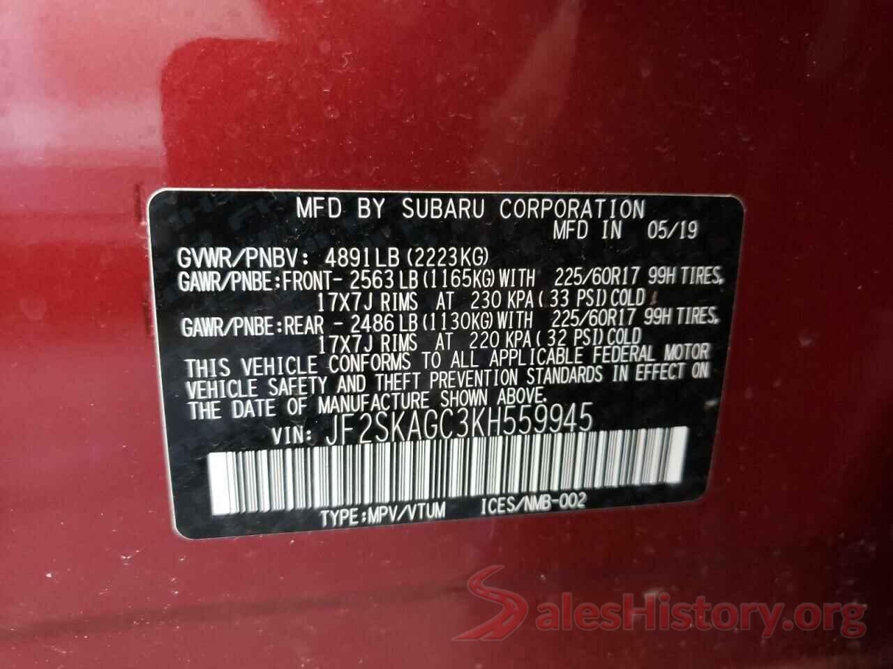 JF2SKAGC3KH559945 2019 SUBARU FORESTER