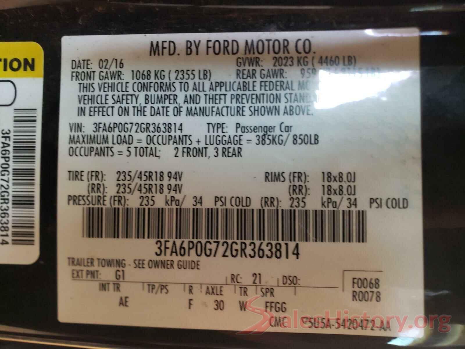 3FA6P0G72GR363814 2016 FORD FUSION