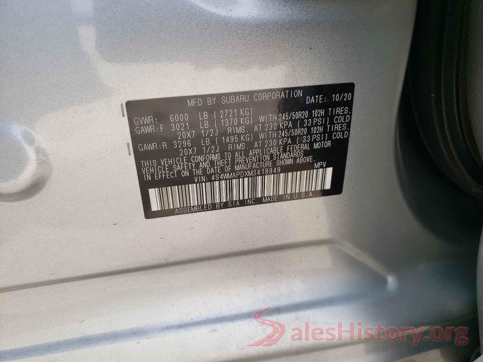 4S4WMAPDXM3418949 2021 SUBARU ASCENT