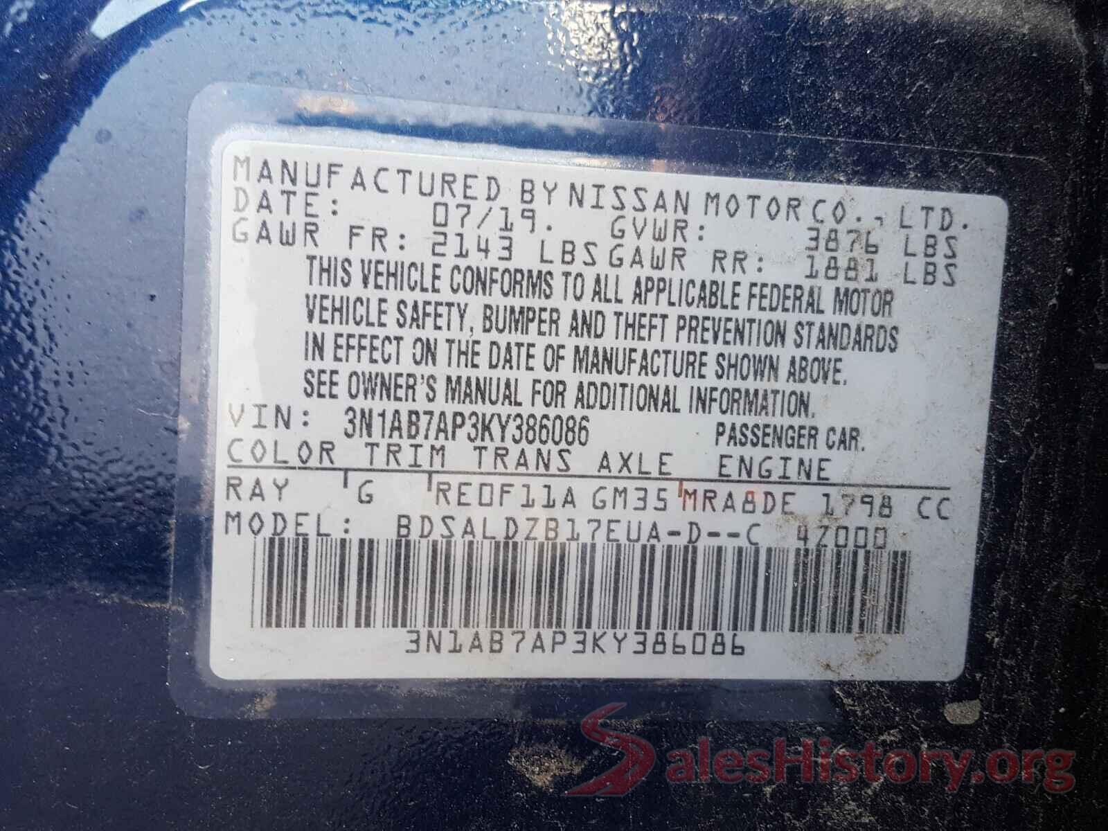 3N1AB7AP3KY386086 2019 NISSAN SENTRA