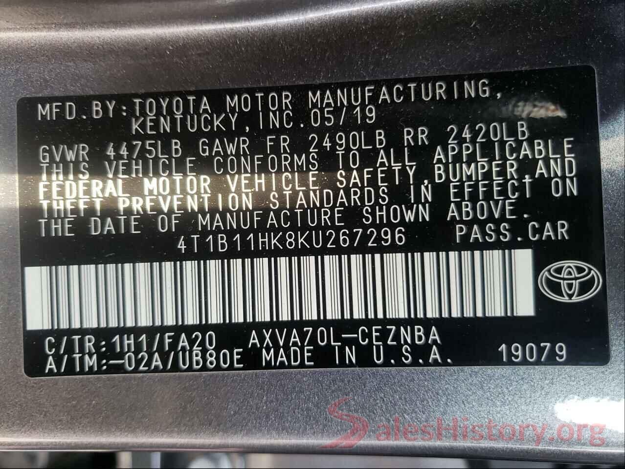 4T1B11HK8KU267296 2019 TOYOTA CAMRY