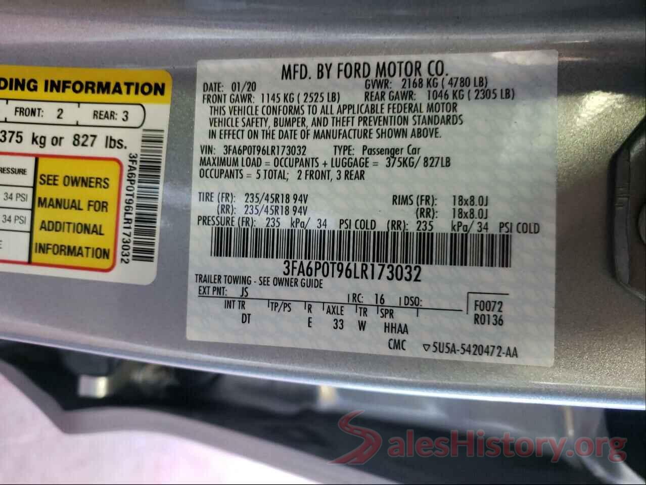 3FA6P0T96LR173032 2020 FORD FUSION