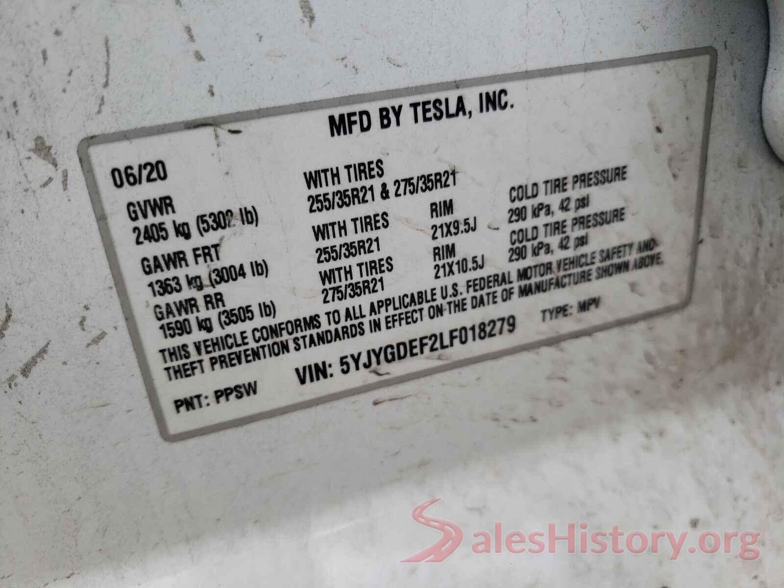 5YJYGDEF2LF018279 2020 TESLA MODEL Y