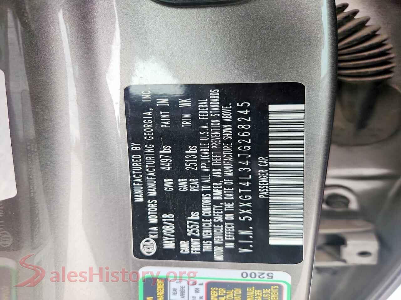 2018 KIA OPTIMA VIN 5XXGT4L34JG268245, trunk area