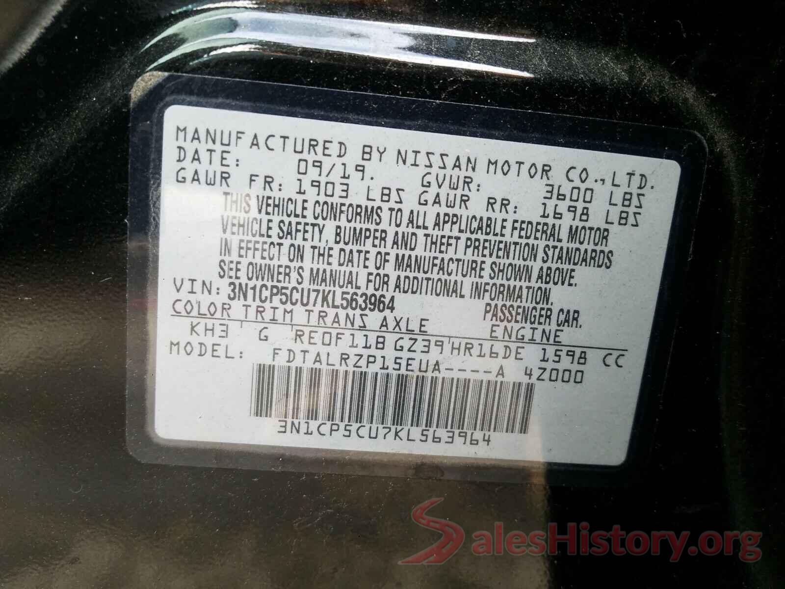 3N1CP5CU7KL563964 2019 NISSAN KICKS