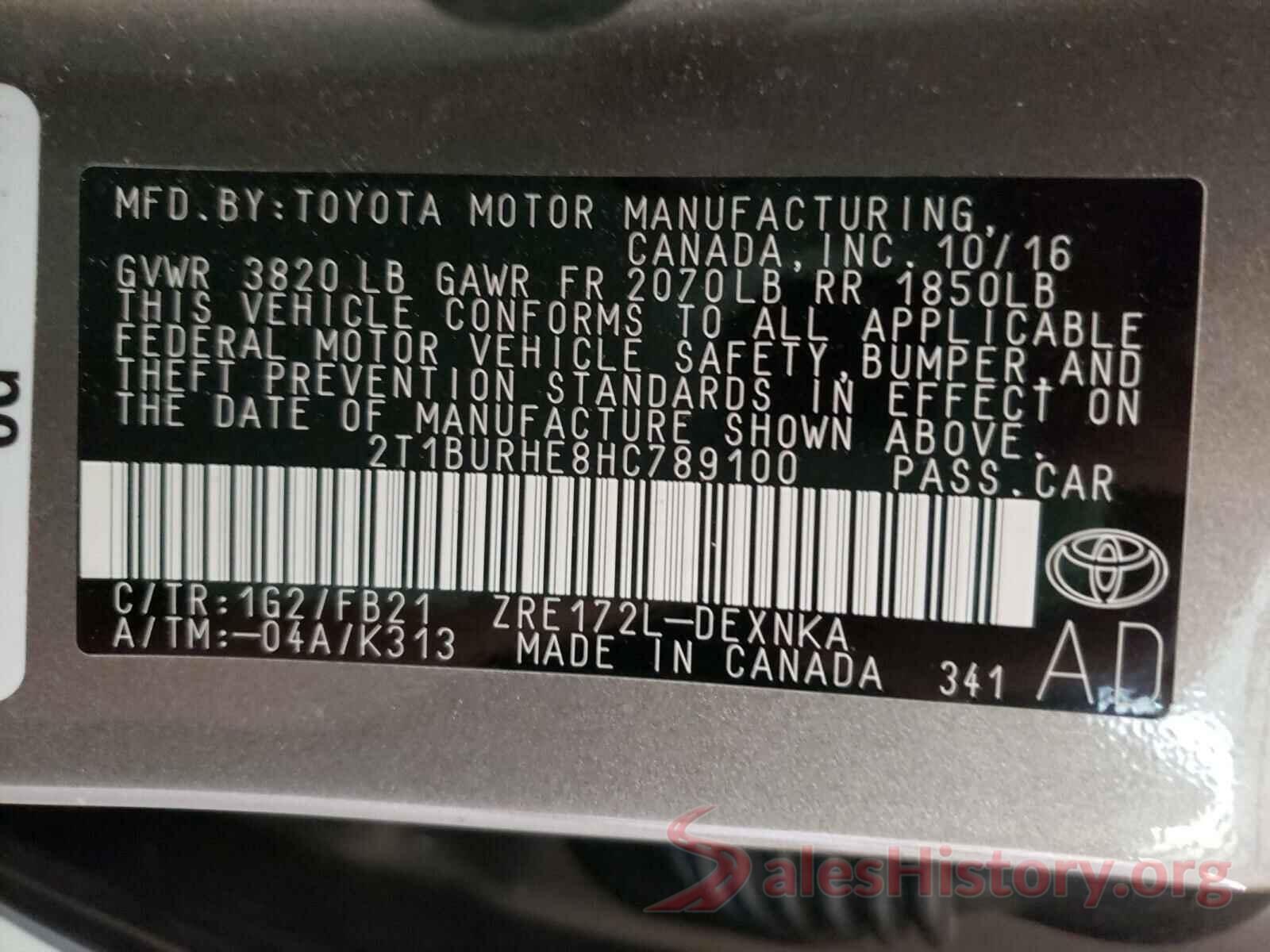 2T1BURHE8HC789100 2017 TOYOTA COROLLA