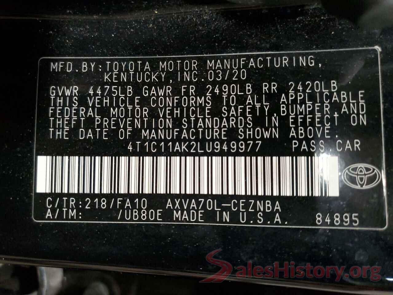 4T1C11AK2LU949977 2020 TOYOTA CAMRY